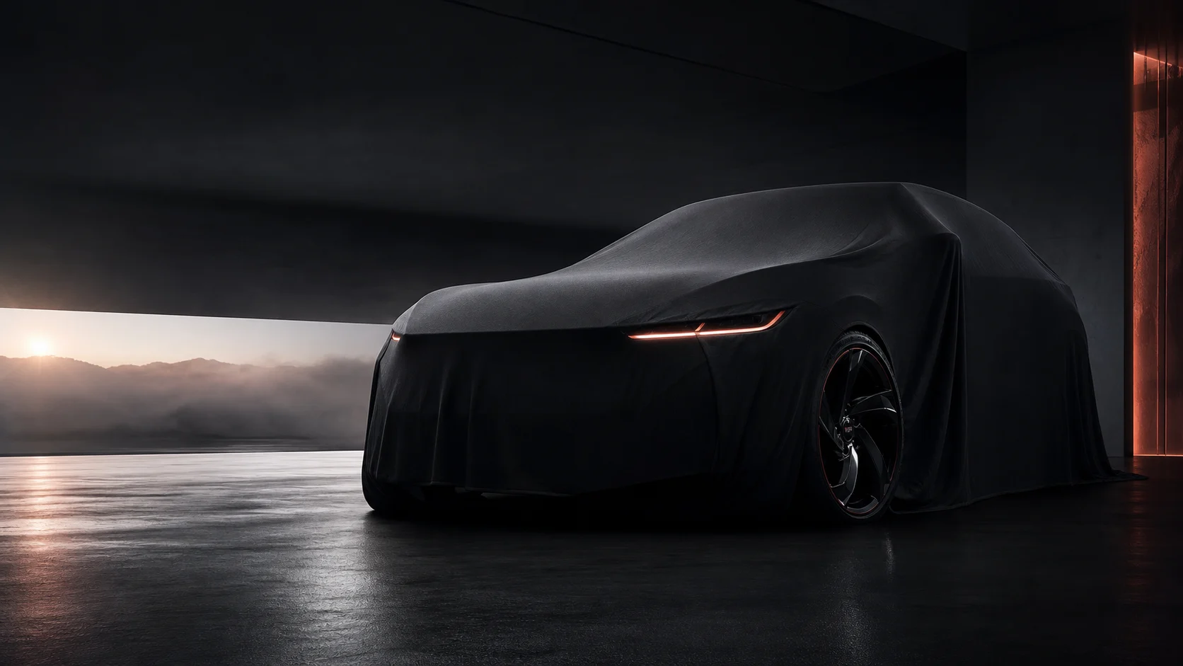 A covered performance vehicle awaits its reveal